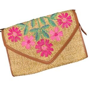 Draper James Raffia Straw Floral Embroidered Crossbody Clutch Convertible Bag